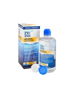 Solución multipropósito Renu Advanced para limpieza de lente de contacto.
